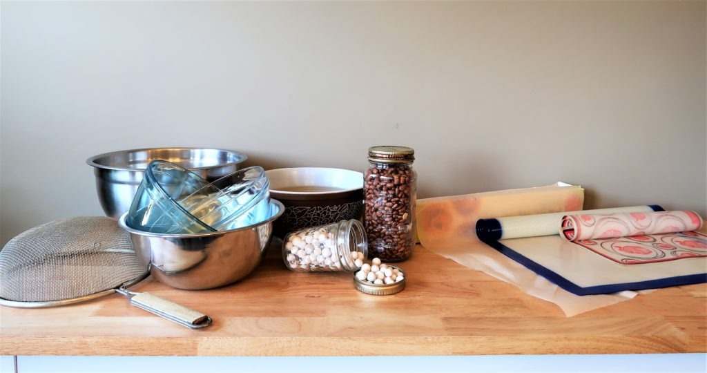 bowls, baking beads, silicone mats, parchment